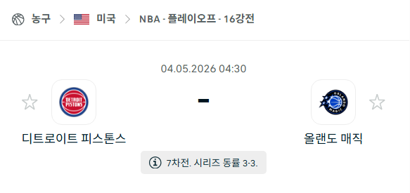 [미국 NBA] 5월4일 디트로이트 피스톤스 vs 올랜도 매직 | 스포츠 분석 무료 중계 토친놈